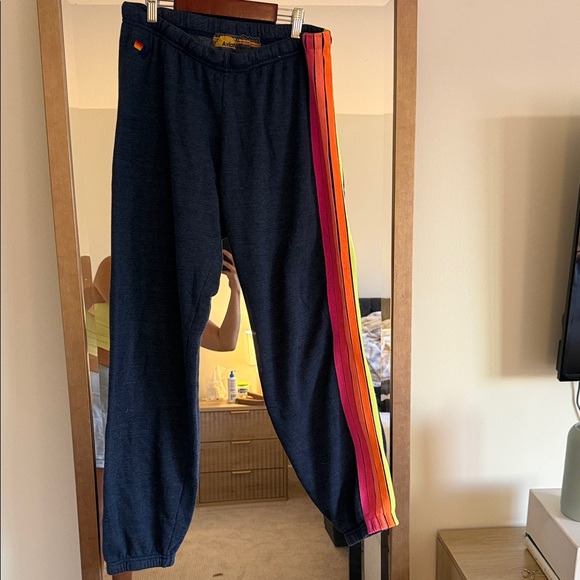 Aviator Nation Navy Track Pants with Rainbow Stripes